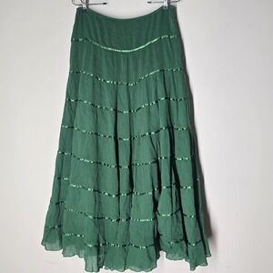 Vintage Y2K Green Full Maxi Size M Crepe Tiered Lined Boho Festival Gypsy